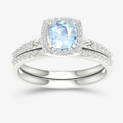 Modern Bride Gemstone Womens 1/3 CT. T.W. Genuine Blue Aquamarine 10K White Gold Cushion Halo Bridal Set