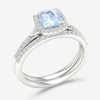 Modern Bride Gemstone Womens 1/3 CT. T.W. Genuine Blue Aquamarine 10K White Gold Cushion Halo Bridal Set