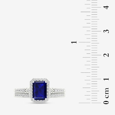 Modern Bride Gemstone Womens 1/3 CT. T.W. Genuine Blue Sapphire 10K White Gold Halo Bridal Set