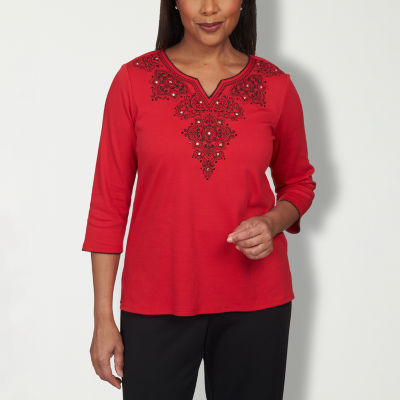 Alfred Dunner Park Place Womens Split Crew Neck 3/4 Sleeve Embellished Embroidered Blouse