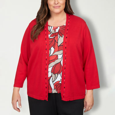 Alfred Dunner Park Place Womens Crew Neck 3/4 Sleeve Leaf Layered Sweaters  Plus, Color: Red - JCPenney