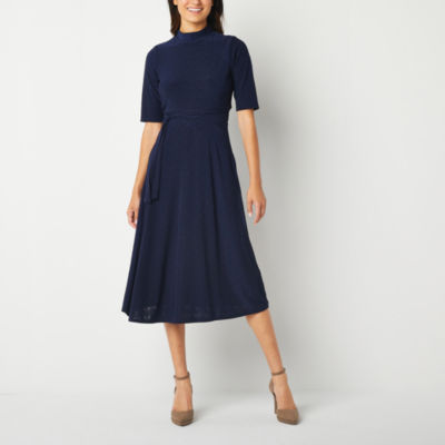 Robbie Bee 3/4 Sleeve Midi Fit + Flare Dress, Color Navy JCPenney