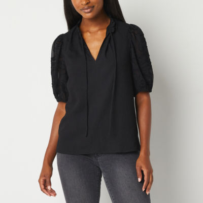 Sam And Jess Womens V Neck Elbow Sleeve Blouse, Color Black JCPenney