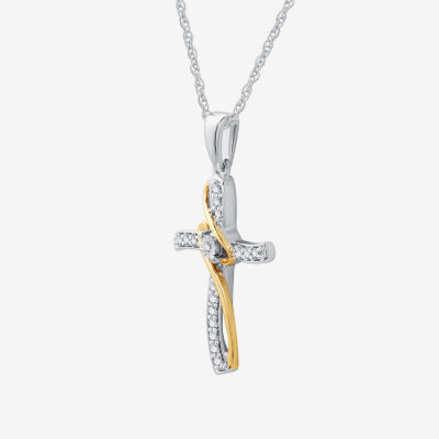 Womens 1/10 CT. T.W. Lab Grown White Diamond 10K Two Tone Gold Cross 18 Inch Pendant Necklace