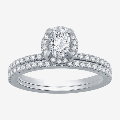 I Said Yes (G / Si1-Si2) Womens 1 CT. T.W. Lab Grown White Diamond Sterling Silver Oval Side Stone Halo Bridal Set