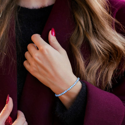 Womens Genuine Blue Aquamarine Sterling Silver Beaded Bracelet