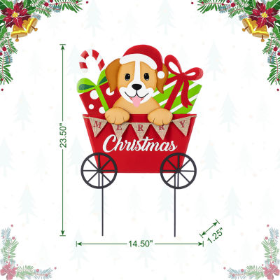 Glitzhome 24"H Metal Christmas Dog And Gift Cart Christmas Yard Art