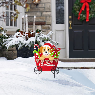 Glitzhome 24"H Metal Christmas Dog And Gift Cart Christmas Yard Art