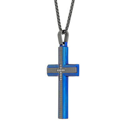 Mens White Cubic Zirconia Stainless Steel Cross 24 Inch Pendant Necklace