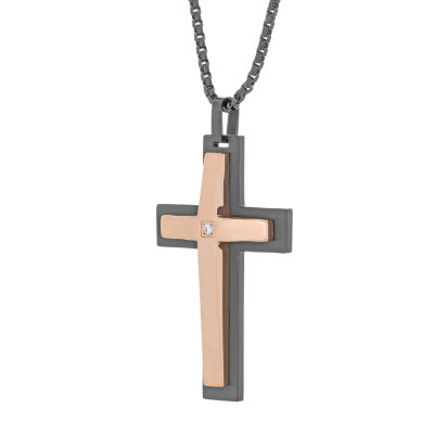 Mens White Cubic Zirconia Stainless Steel Cross 24 Inch Pendant Necklace
