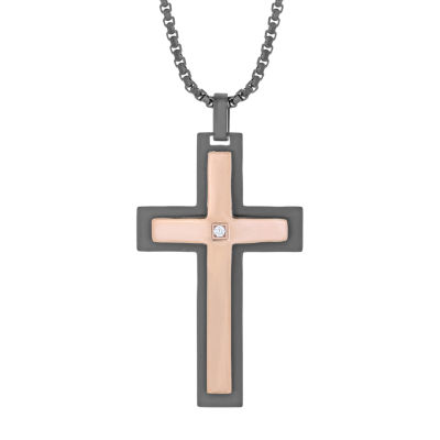 Mens White Cubic Zirconia Stainless Steel Cross 24 Inch Pendant Necklace