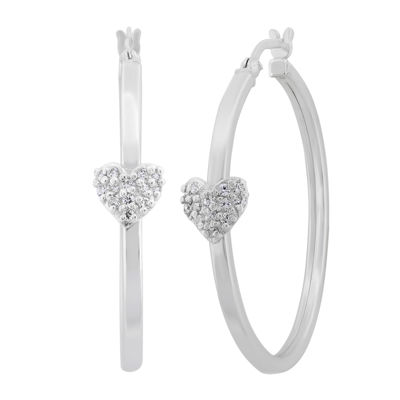 White Cubic Zirconia Sterling Silver 34.5mm Heart Hoop Earrings