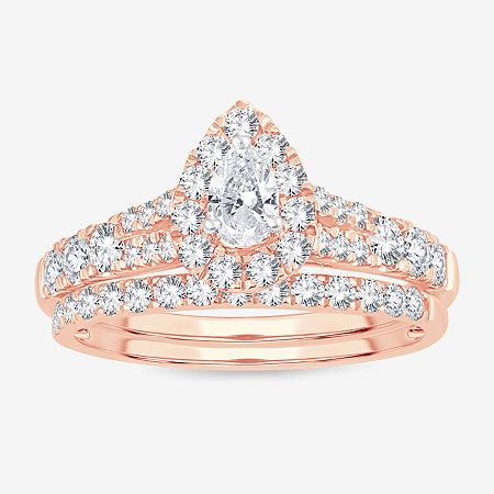 Womens 1 CT. T.W. Natural White Diamond 10K Rose Gold Pear Bridal Set, 6, Rose