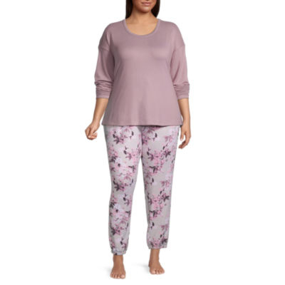 Ambrielle Womens Plus Crew Neck Long Sleeve 2pc. Pant Pajama Set