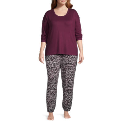 Ambrielle Womens Plus Crew Neck Long Sleeve 2pc. Pant Pajama Set