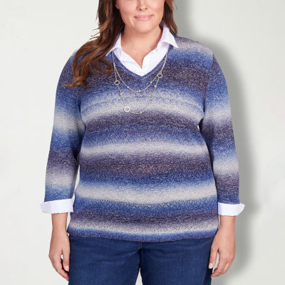 Alfred Dunner Autumn Weekend Womens 3/4 Sleeve Ombre Layered Sweaters Plus,  Color: Navy - JCPenney