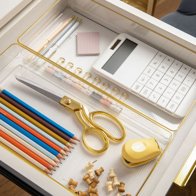 Martha Stewart Kerry Plastic Stackable Office Desk Drawer Organizers, 12 x 6, 3 Pack, with Gold Trim