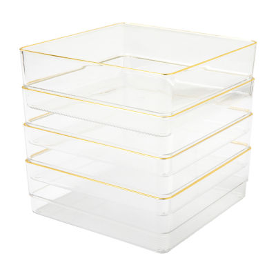 Martha Stewart Kerry Plastic Stackable Office Desk Drawer Organizers, 12 x 3, 6 Pack, with Gold Trim