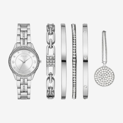Folio Womens Crystal Accent Silver Tone 6-pc. Watch Boxed Set Fmdfl2047