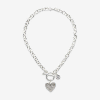 Bold Elements Silver Tone Glass 17 Inch Link Heart Pendant Necklace