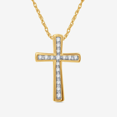 Womens 1 CT. T.W. Lab Grown White Diamond 14K Gold Over Silver Sterling Silver Cross Pendant Necklace