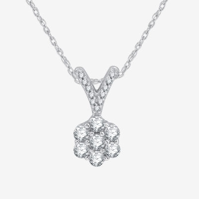 Womens 1/4 CT. T.W. Lab Grown White Diamond Sterling Silver Flower Pendant Necklaces