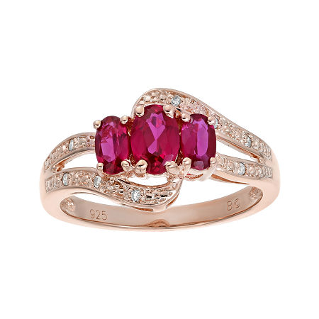 Lab-Created Ruby and Genuine White Topaz Rose-Tone Sterling Silver 3-Stone Ring, 7, Red