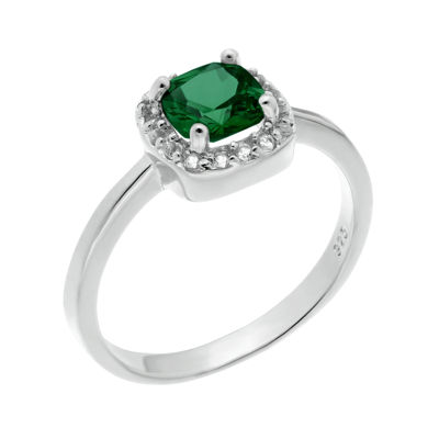 Cushion-Cut Lab-Created Emerald and Genuine White Topaz Sterling Silver Ring