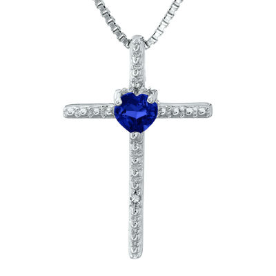 Lab-Created Sapphire and Diamond-Accent Sterling Silver Cross and Heart Pendant Necklace