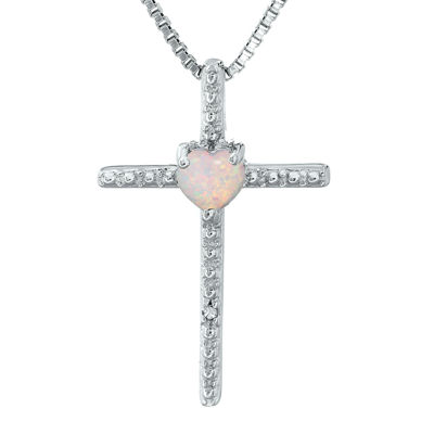 Lab-Created Opal and Diamond-Accent Sterling Silver Cross and Heart Pendant Necklace