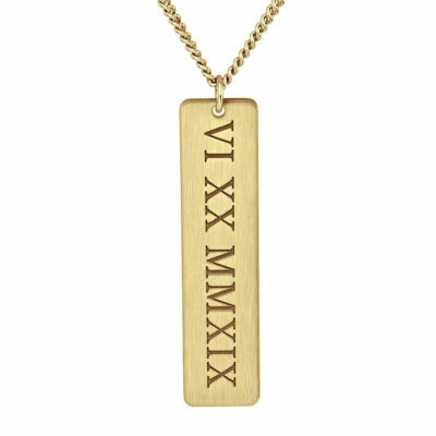 Personalized Brushed Roman Numeral Date Engraved Vertical Bar Pendant Necklace