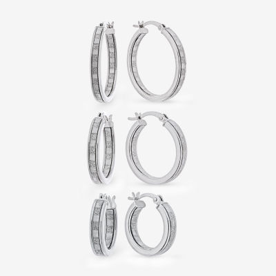 Sterling Silver Glitter 3 Piece Hoop Earrings Set