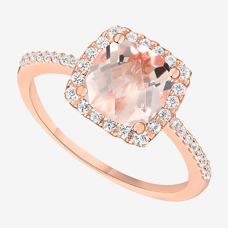 Womens Diamond Accent Gemstone 10K Gold Cushion Halo Side Stone Cocktail Ring, 7, Morganite