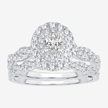 Signature By Modern Bride Womens 1 CT.T.W. Natural Diamond 10K or 14K Gold Oval Side Stone Halo Bridal Set, 9, White