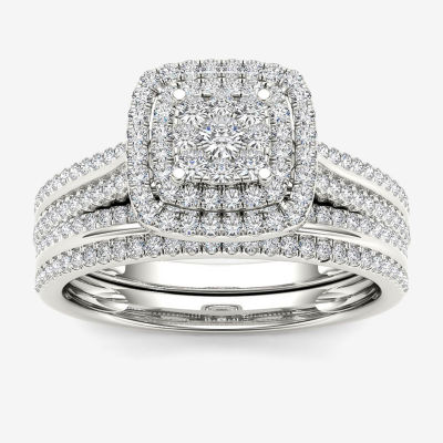 Womens 1/2 CT. T.W. Natural White Diamond 10K White Gold Cushion Halo Bridal Set