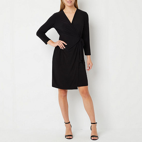Black Label by Evan-Picone 3/4 Sleeve Wrap Dress, Color: Black - JCPenney