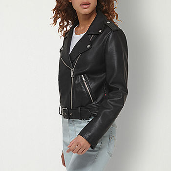Faux Leather Jacket Women Bomber Jacket Women's Belted Motorcycle  Jacket,Black,S