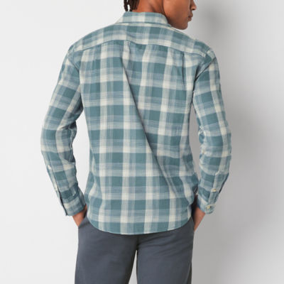mutual weave Mens Regular Fit Long Sleeve Plaid Brushed Slub Button-Down Shirt