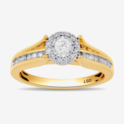 (H-I / I1-I2) Womens 1/2 CT. T.W. Lab Grown White Diamond 14K Gold Round Side Stone Halo Engagement Ring