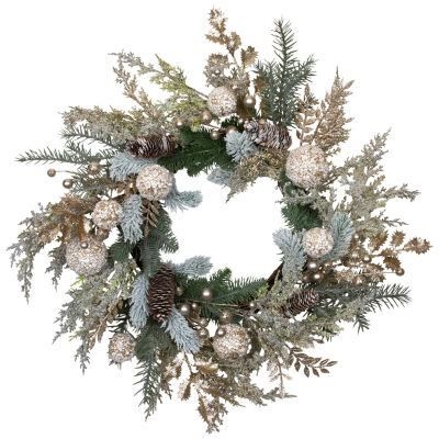 Northlight 24" Glittered Mixed Foliage With Ornaments Artificial Wreath