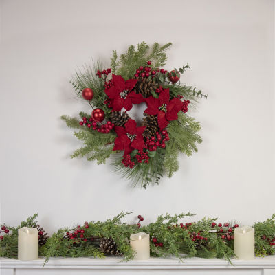 Northlight 22" Berry And Poinsettia Artificial Wreath