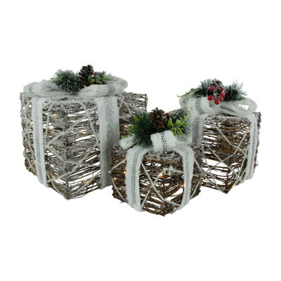 Northlight 10" Led Gift Boxes With Pine And Berries Christmas Tabletop Decor