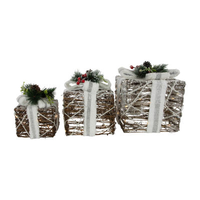 Northlight 10" Led Gift Boxes With Pine And Berries Christmas Tabletop Decor