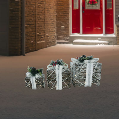 Northlight 10" Led Gift Boxes With Pine And Berries Christmas Tabletop Decor