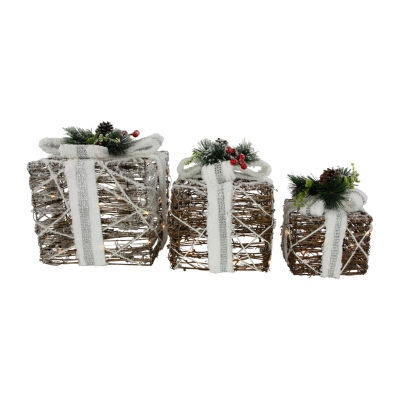 Northlight 10" Led Gift Boxes With Pine And Berries Christmas Tabletop Decor