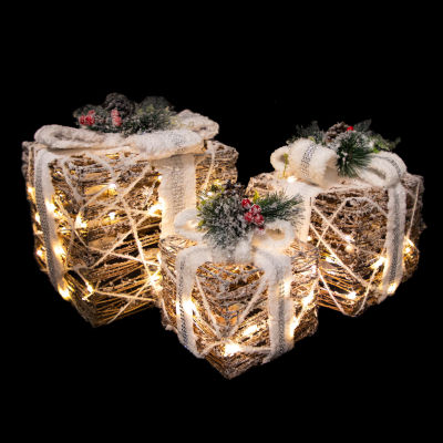 Northlight 10" Led Gift Boxes With Pine And Berries Christmas Tabletop Decor