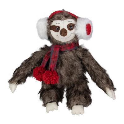 Northlight Plush Sitting Winter Sloth With Plaid And Pom Pom Scarf- 12in Christmas Figurine
