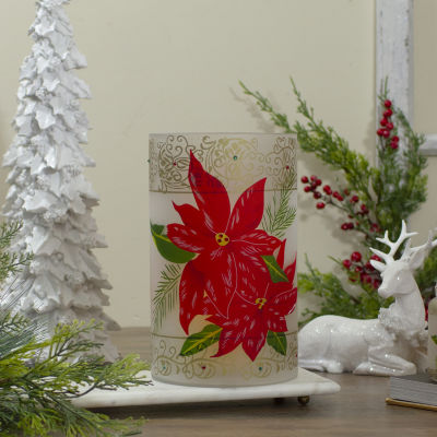 Northlight 10" Hand Painted Poinsettias And Gold Flameless Glass Candle Holder
