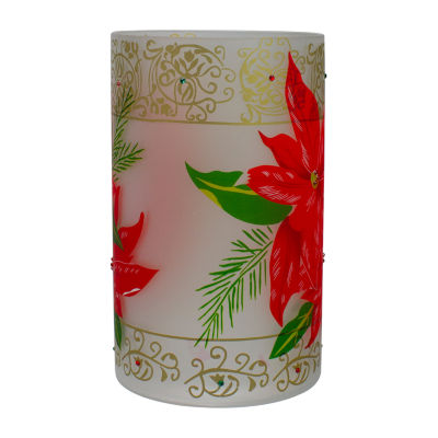 Northlight 10" Hand Painted Poinsettias And Gold Flameless Glass Candle Holder