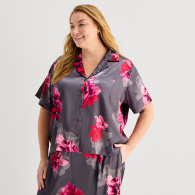 Ambrielle Womens Satin Short Sleeve 2-pc. Plus Pajama Sets